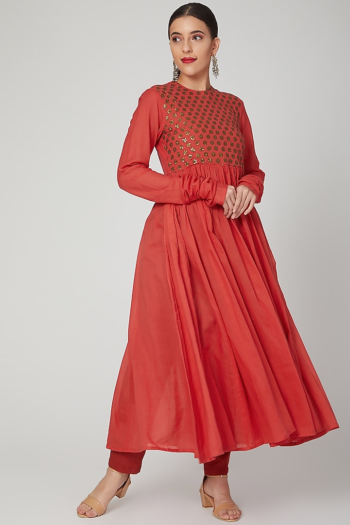 Red Embroidered Anarkali With Pants by THE LABEL UNTOLD
