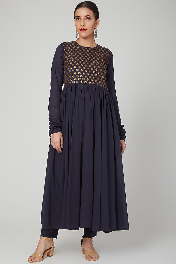 Navy Blue Embroidered Anarkali With Pants by THE LABEL UNTOLD