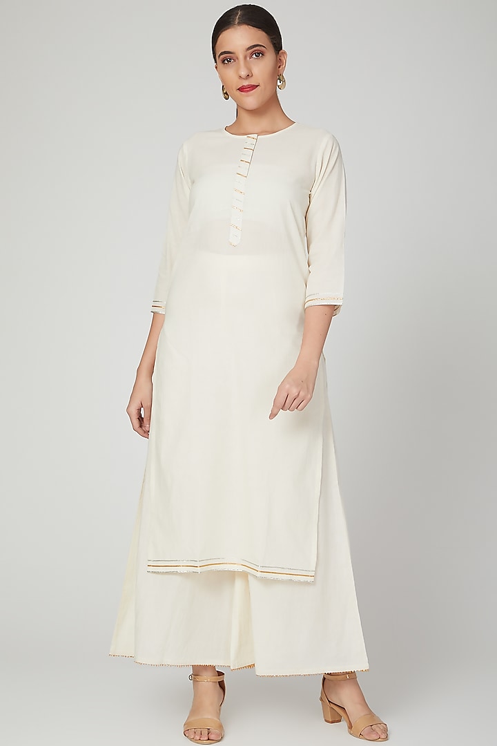 Beige Gota Embroidered Cotton Mul Kurta by THE LABEL UNTOLD