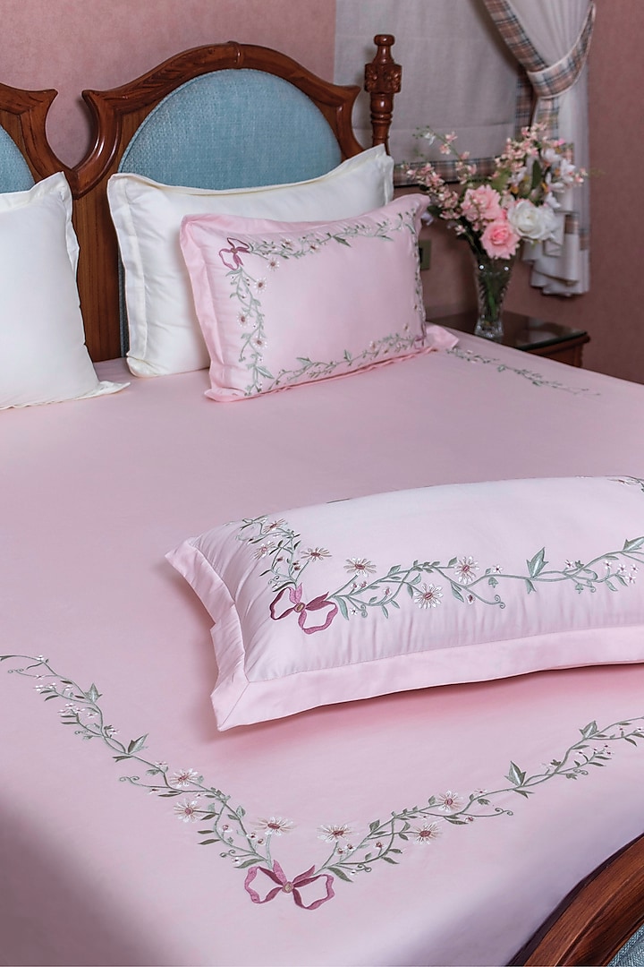 Blush Pink Cotton Floral Embroidered Bedsheet Set by The Luxury Store