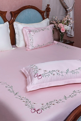 Blush Pink Cotton Floral Embroidered Bedsheet Set by The Luxury Store