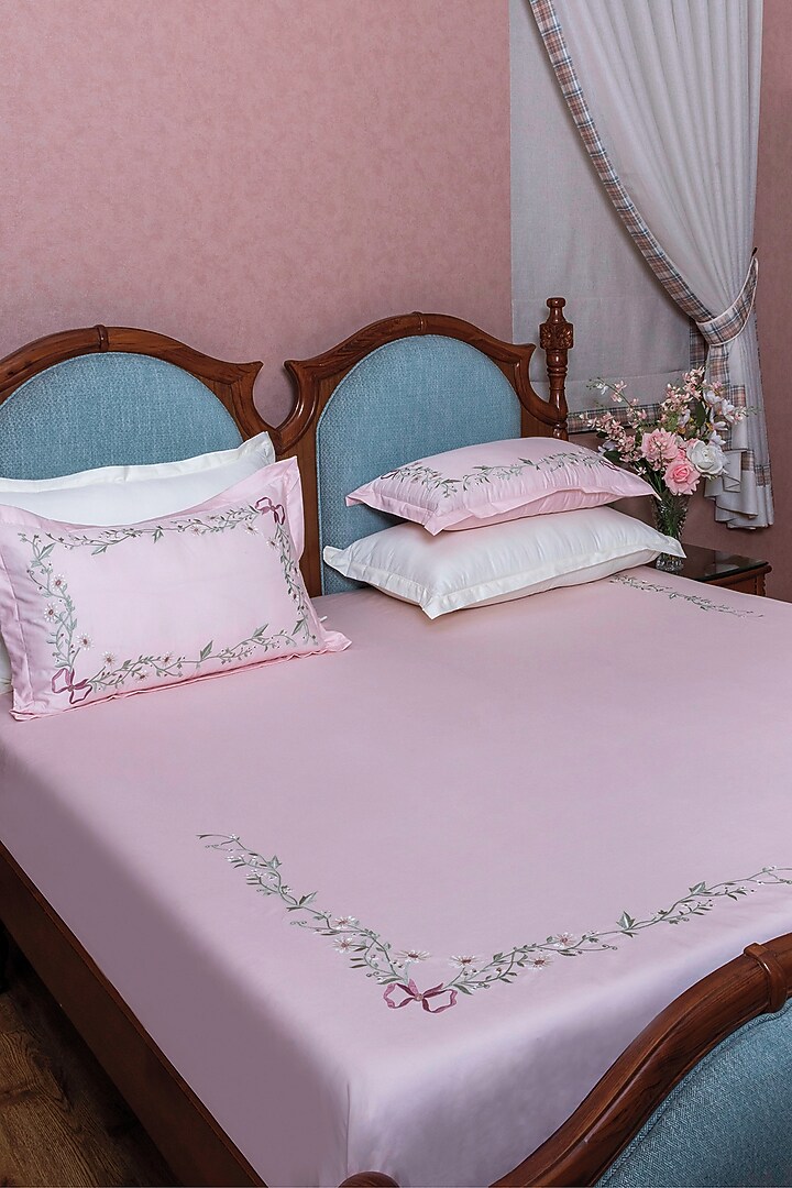 Blush Pink Cotton Floral Embroidered Bedsheet Set by The Luxury Store at Pernia's Pop Up Shop