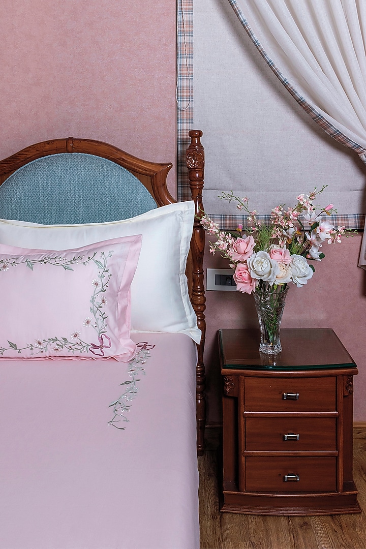 Blush Pink Cotton Floral Embroidered Bedsheet Set by The Luxury Store at Pernia's Pop Up Shop