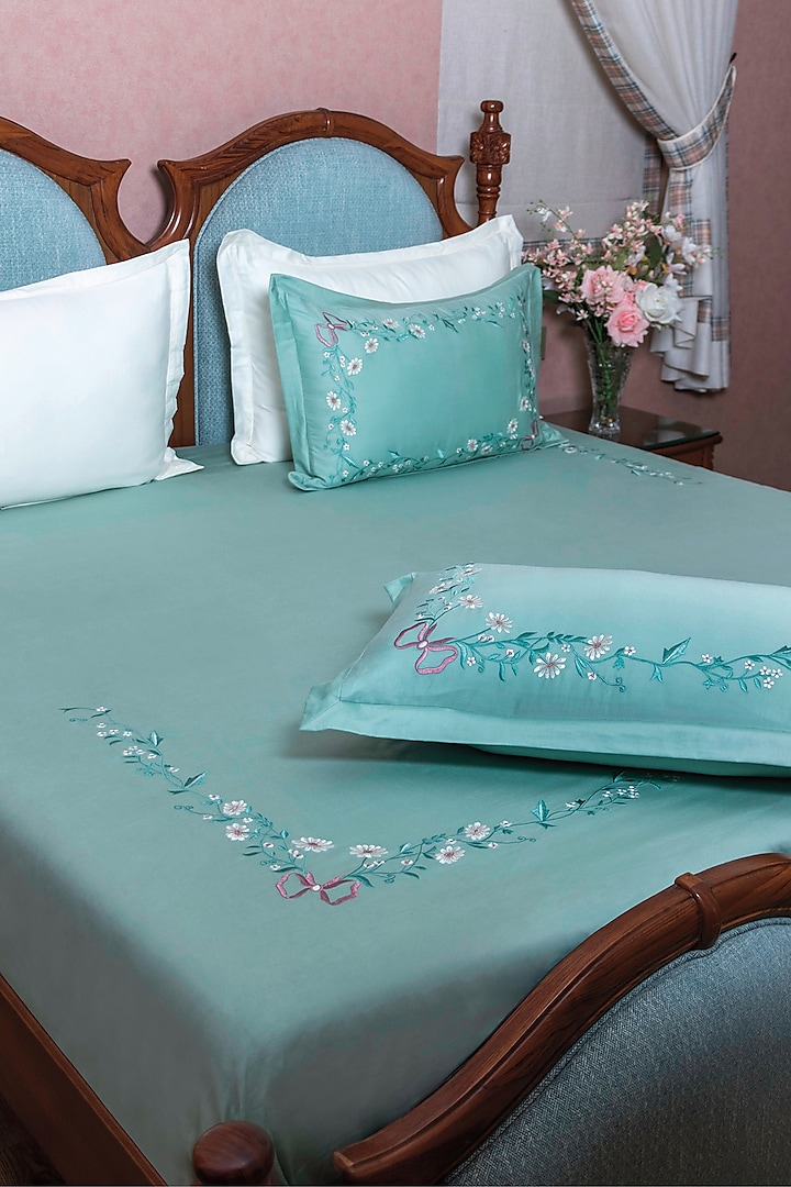 Mint Green Cotton Floral Embroidered Bedsheet Set by The Luxury Store