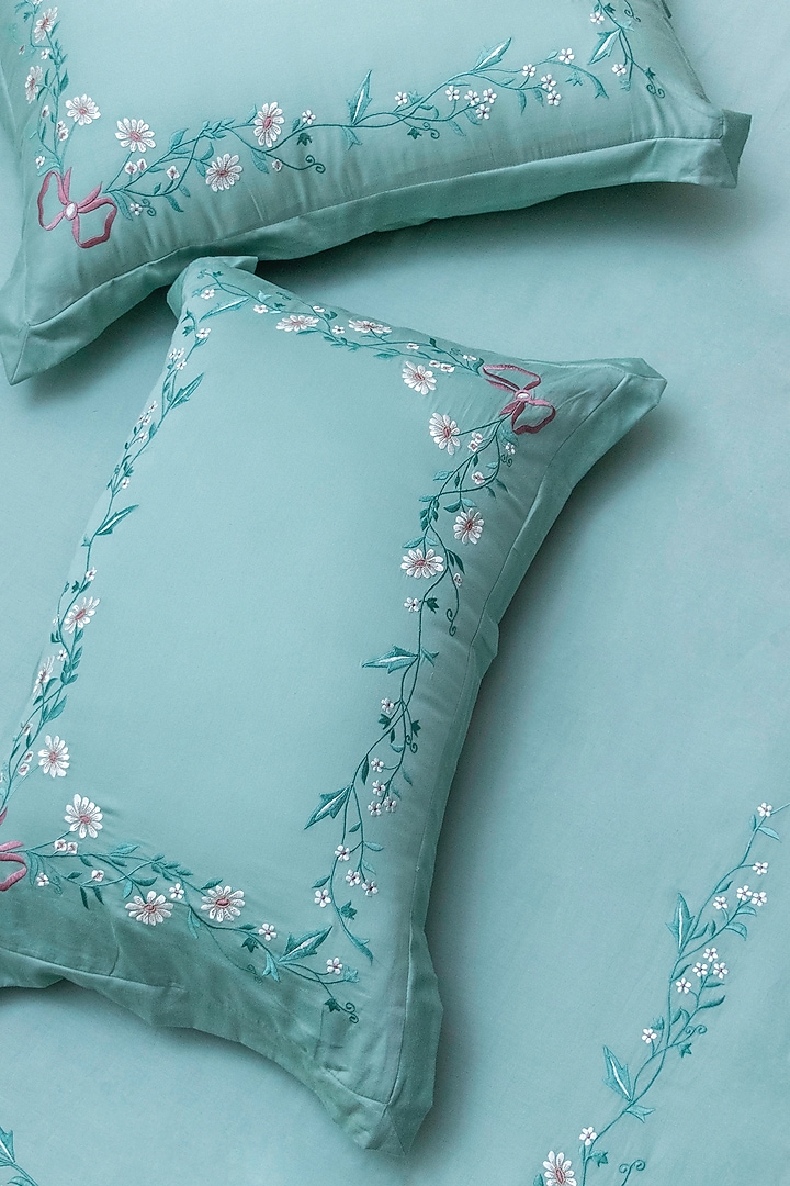 Mint Green Cotton Floral Embroidered Bedsheet Set by The Luxury Store at Pernia's Pop Up Shop