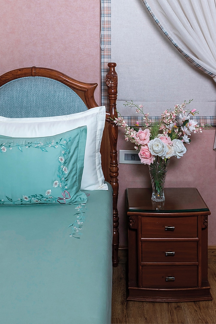 Mint Green Cotton Floral Embroidered Bedsheet Set by The Luxury Store at Pernia's Pop Up Shop