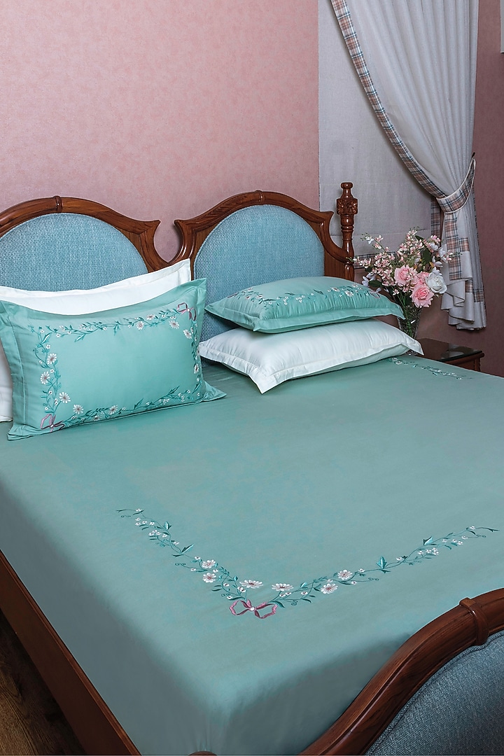 Mint Green Cotton Floral Embroidered Bedsheet Set by The Luxury Store at Pernia's Pop Up Shop