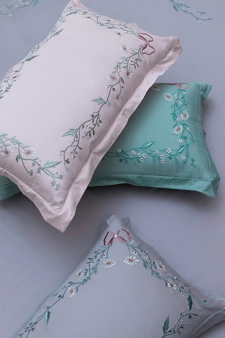 Mint Green Cotton Floral Embroidered Bedsheet Set by The Luxury Store at Pernia's Pop Up Shop