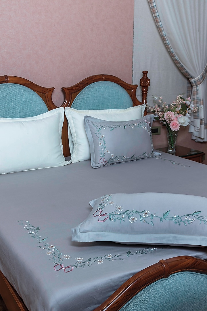 Grey Cotton Floral Embroidered Bedsheet Set by The Luxury Store