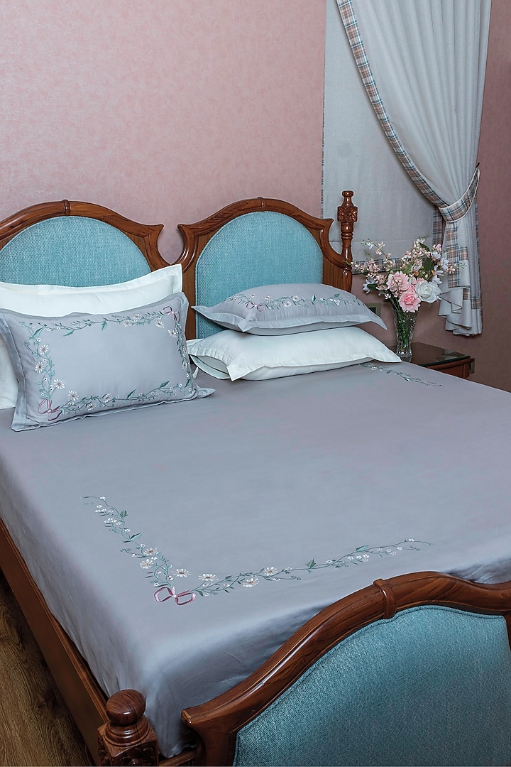 Grey Cotton Floral Embroidered Bedsheet Set by The Luxury Store at Pernia's Pop Up Shop