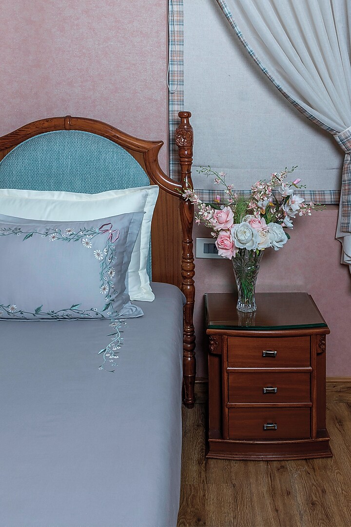 Grey Cotton Floral Embroidered Bedsheet Set by The Luxury Store at Pernia's Pop Up Shop