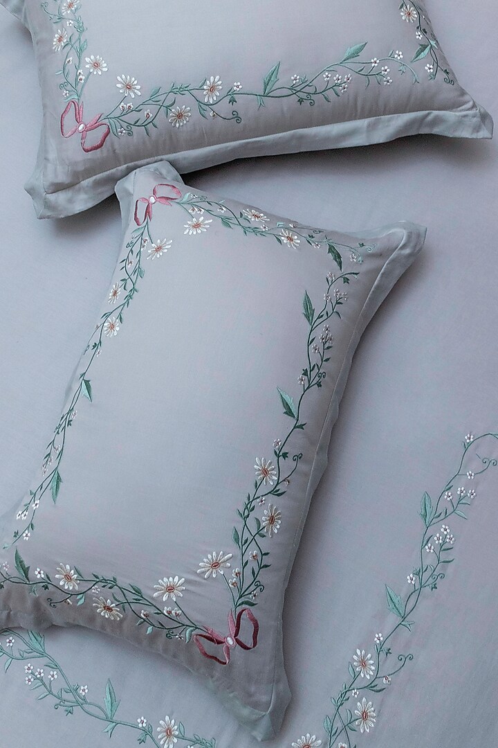 Grey Cotton Floral Embroidered Bedsheet Set by The Luxury Store at Pernia's Pop Up Shop