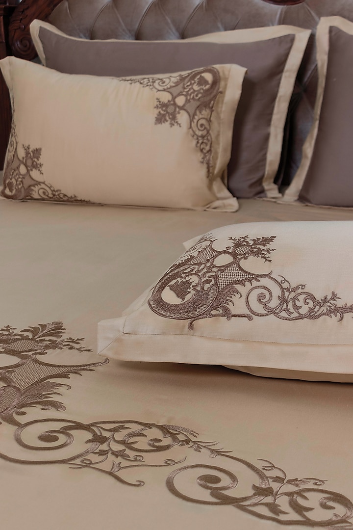 Beige Cotton Embroidered Bed Sheet Set by The Luxury Store