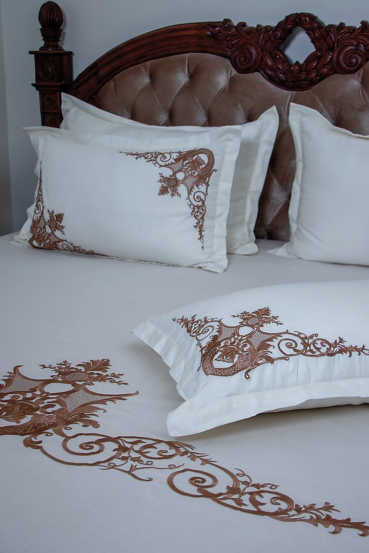 White Cotton Embroidered Bedsheet Set by The Luxury Store