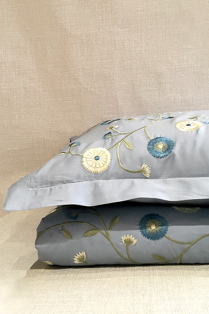 Baby Blue Floral Embroidered Bedsheet Set by The Luxury Store