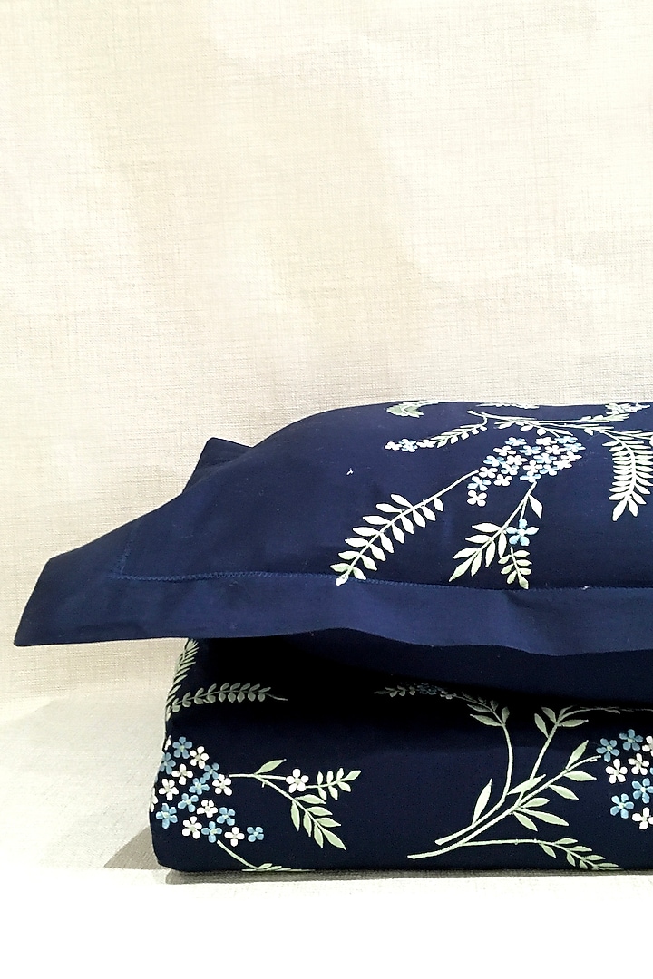 Prussian Blue Bloom Embroidered Bedsheet Set by The Luxury Store at Pernia's Pop Up Shop