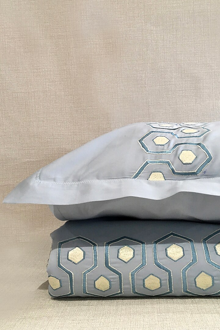 Baby Blue Hex Embroidered Bedsheet Set by The Luxury Store