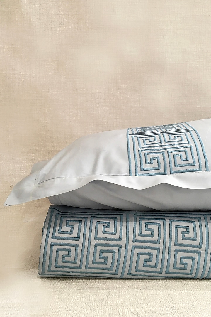 Baby Blue Greek Embroidered Bedsheet Set by The Luxury Store