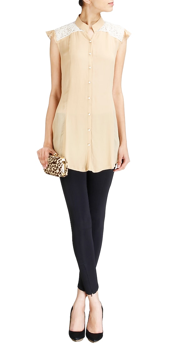 Beige sleeveless tunic with lace and pearl available only at Pernia's Pop-Up Shop.
