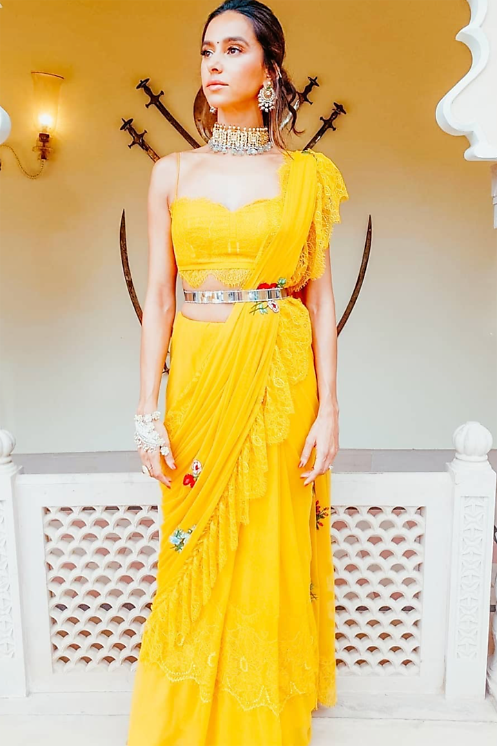 Mango Yellow Tulle & Lace Embroidered Ruffle Saree Set by The little black bow