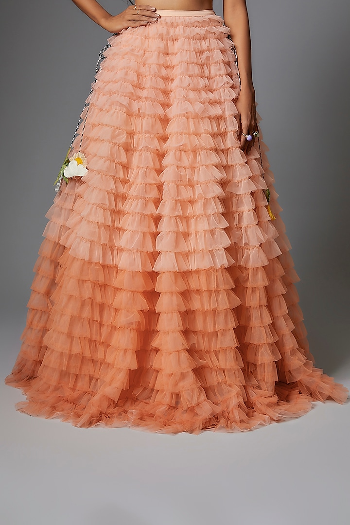 Coral Ombre Tulle Ruffled Wedding Lehenga Set by The little black bow at Pernia's Pop Up Shop