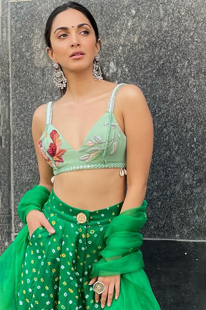 Green Silk Bandhani Pant Set by The little black bow