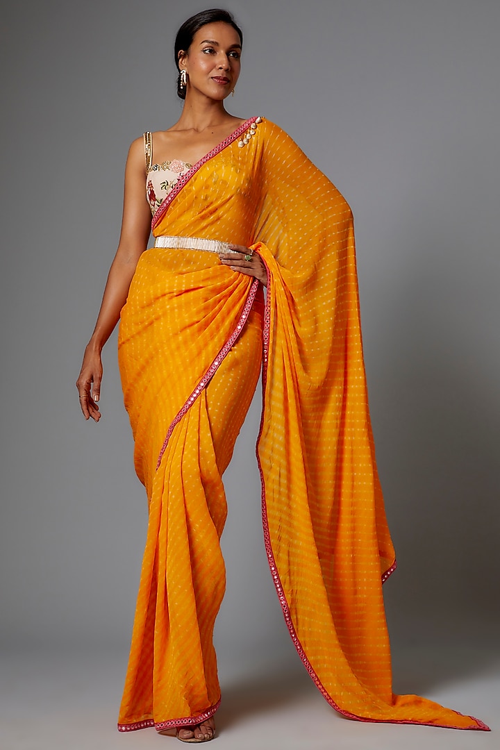 Yellow Handwoven Hand-Dyed Leheriya Georgette Wedding Saree Set by The Little Black Bow at Pernia's Pop Up Shop