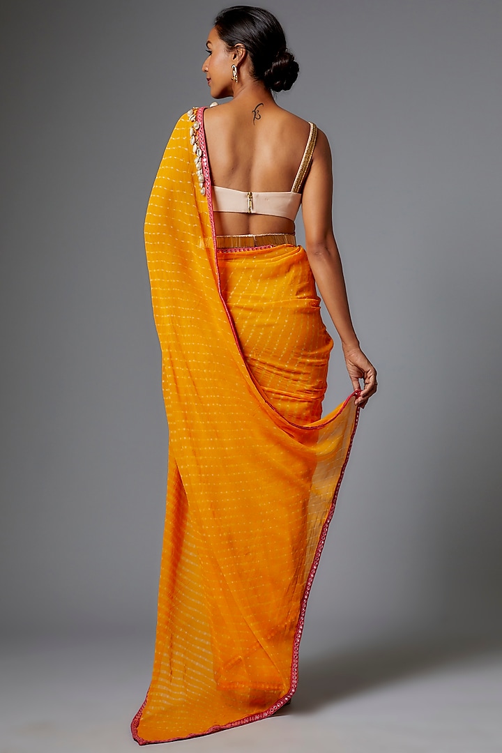 Yellow Handwoven Hand-Dyed Leheriya Georgette Wedding Saree Set by The Little Black Bow at Pernia's Pop Up Shop