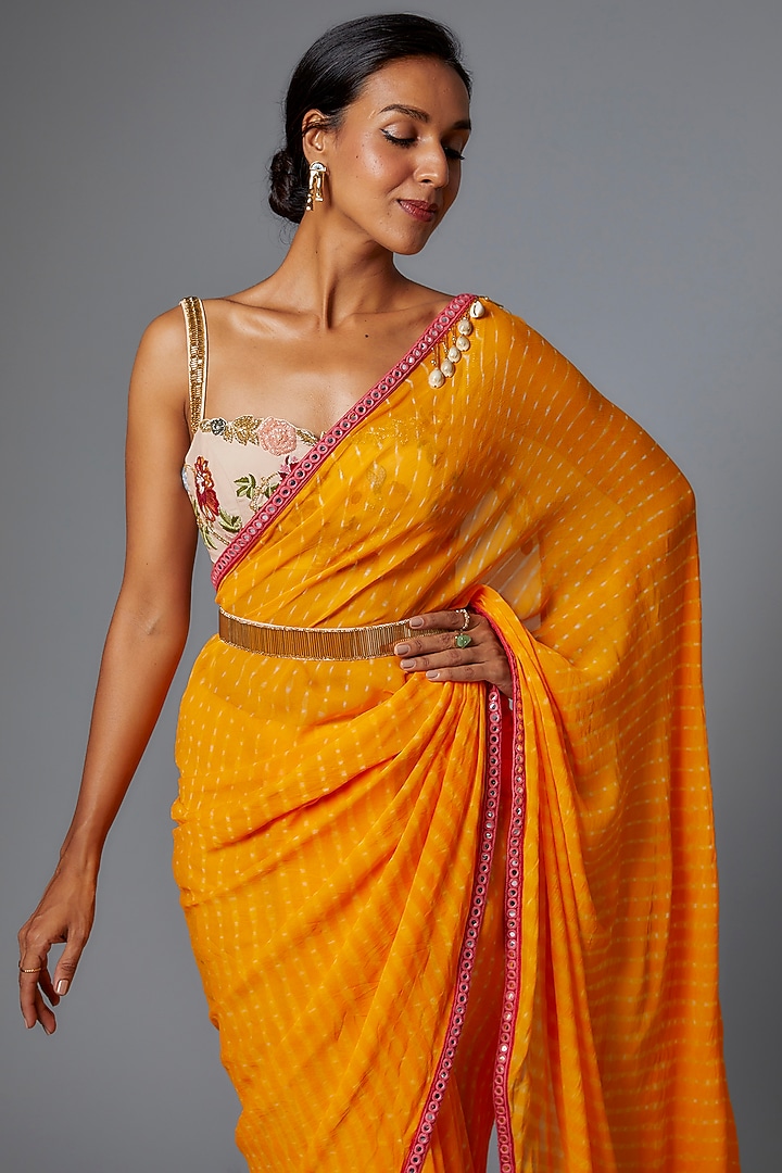 Yellow Handwoven Hand-Dyed Leheriya Georgette Wedding Saree Set by The Little Black Bow at Pernia's Pop Up Shop