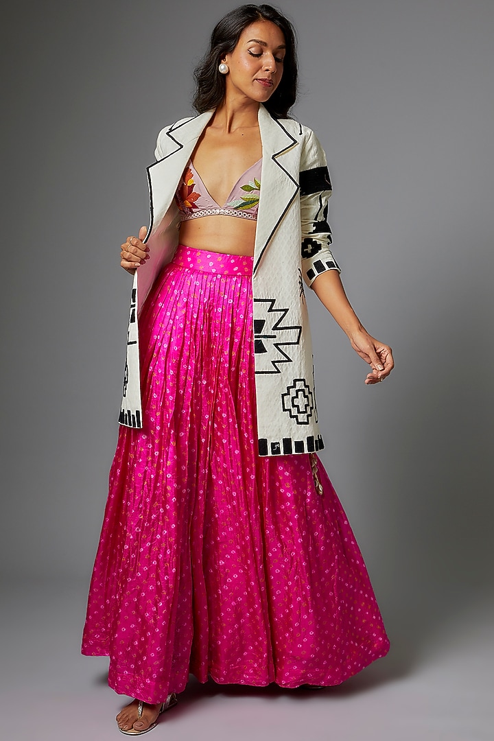 Pink Handwoven Silk Bandhani Jacket Wedding Lehenga Set by The Little Black Bow at Pernia's Pop Up Shop