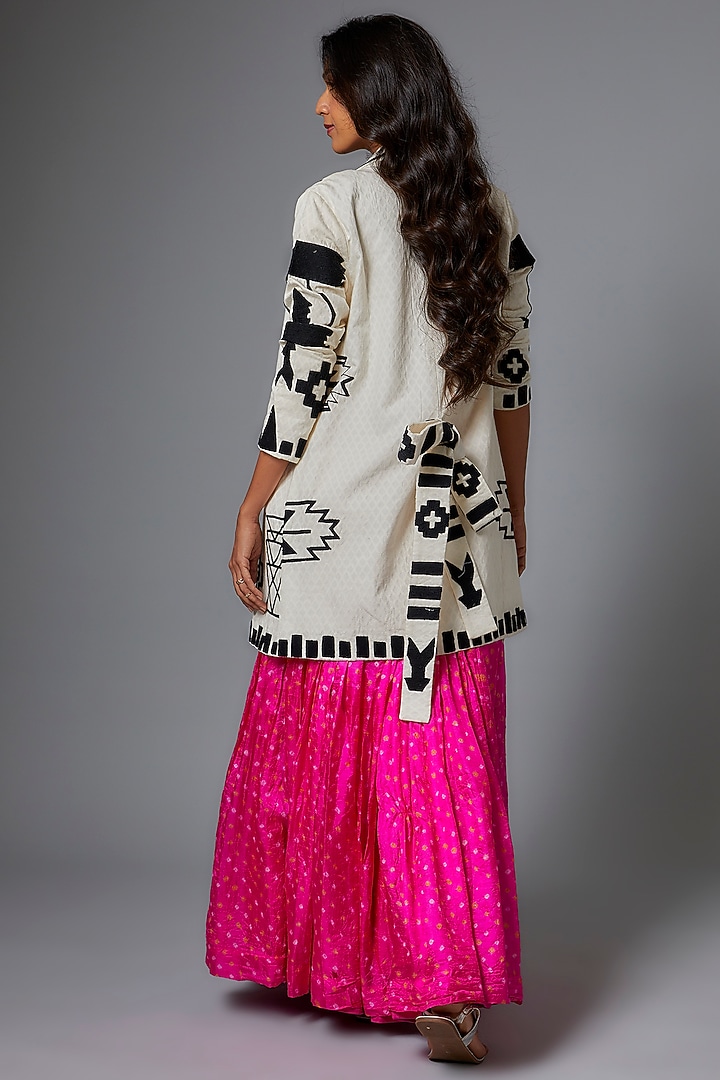 Pink Handwoven Silk Bandhani Jacket Wedding Lehenga Set by The Little Black Bow at Pernia's Pop Up Shop