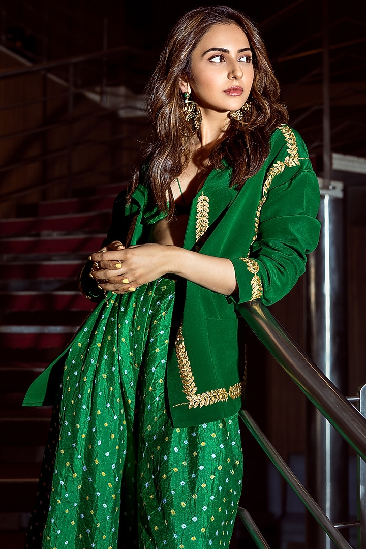 Green Handwoven Silk Hand Embroidered Jacket Set by The Little Black Bow at Pernia's Pop Up Shop