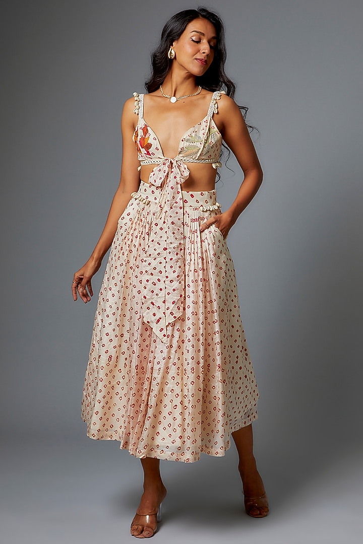Ivory Handwoven Silk Bandhani Skirt Set by The Little Black Bow at Pernia's Pop Up Shop