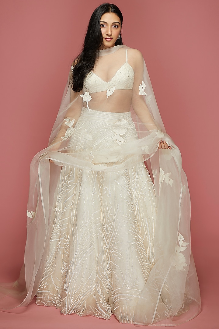 Ivory Handwoven Silk Embroidered Lehenga Set by The Little Black Bow