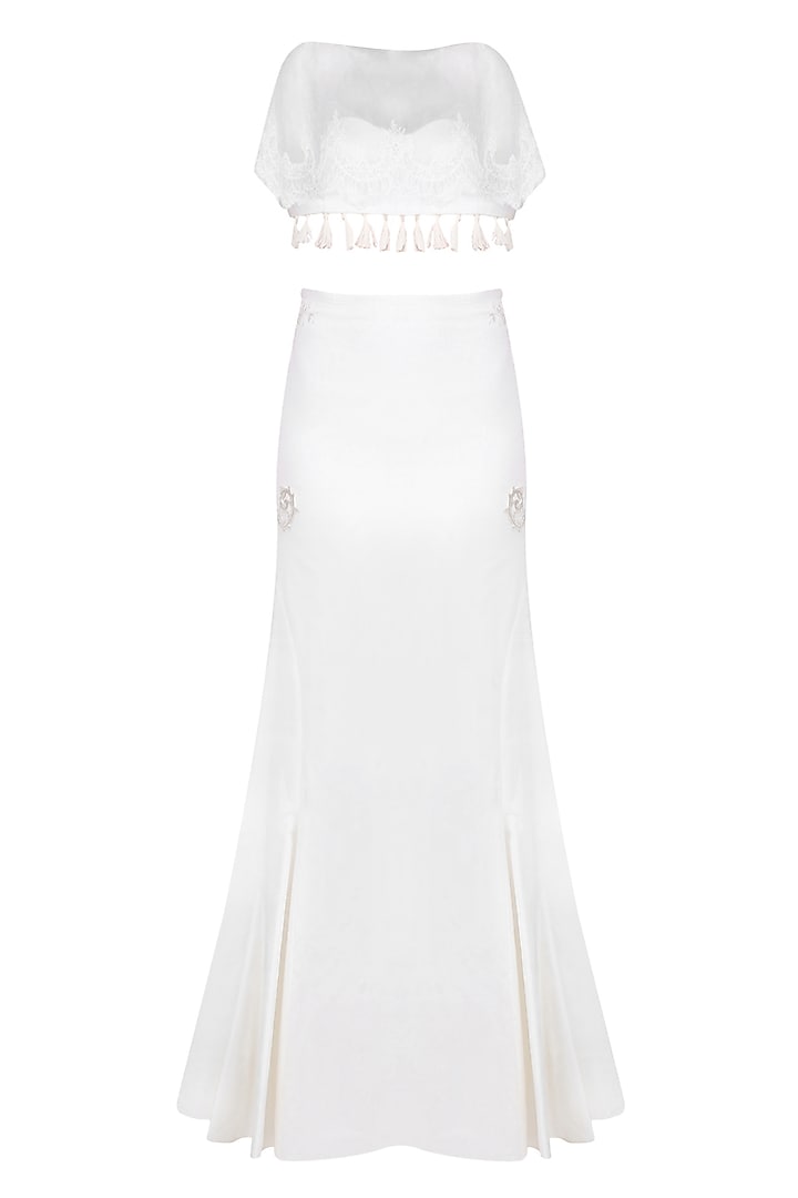 Ivory embroidered cape and skirt set with cape available only at Pernia's Pop Up Shop.