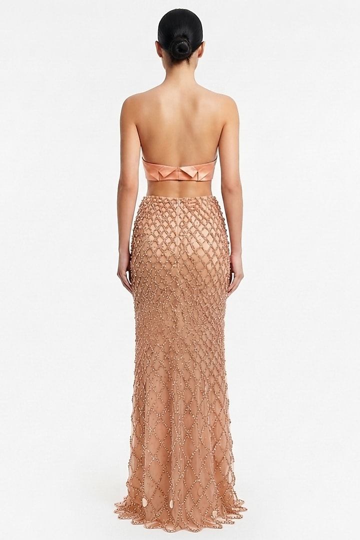 Nude & Peach Tulle Zardosi Embroidered Pre-Stitched Reception Saree Set by The Little Black Bow at Pernia's Pop Up Shop