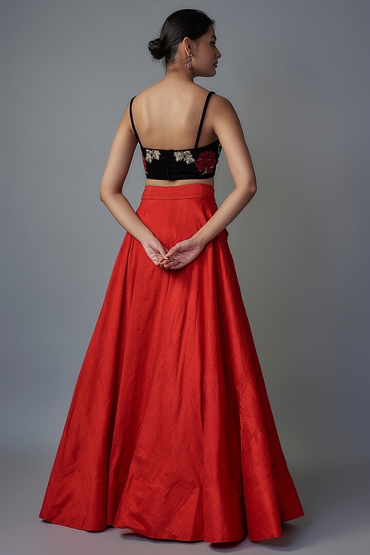 Red Raw Silk & Velvet Skirt Set by The little black bow at Pernia's Pop Up Shop