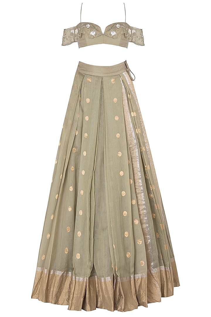Olive Green Floral Embroidered Lehenga Set by The little black bow