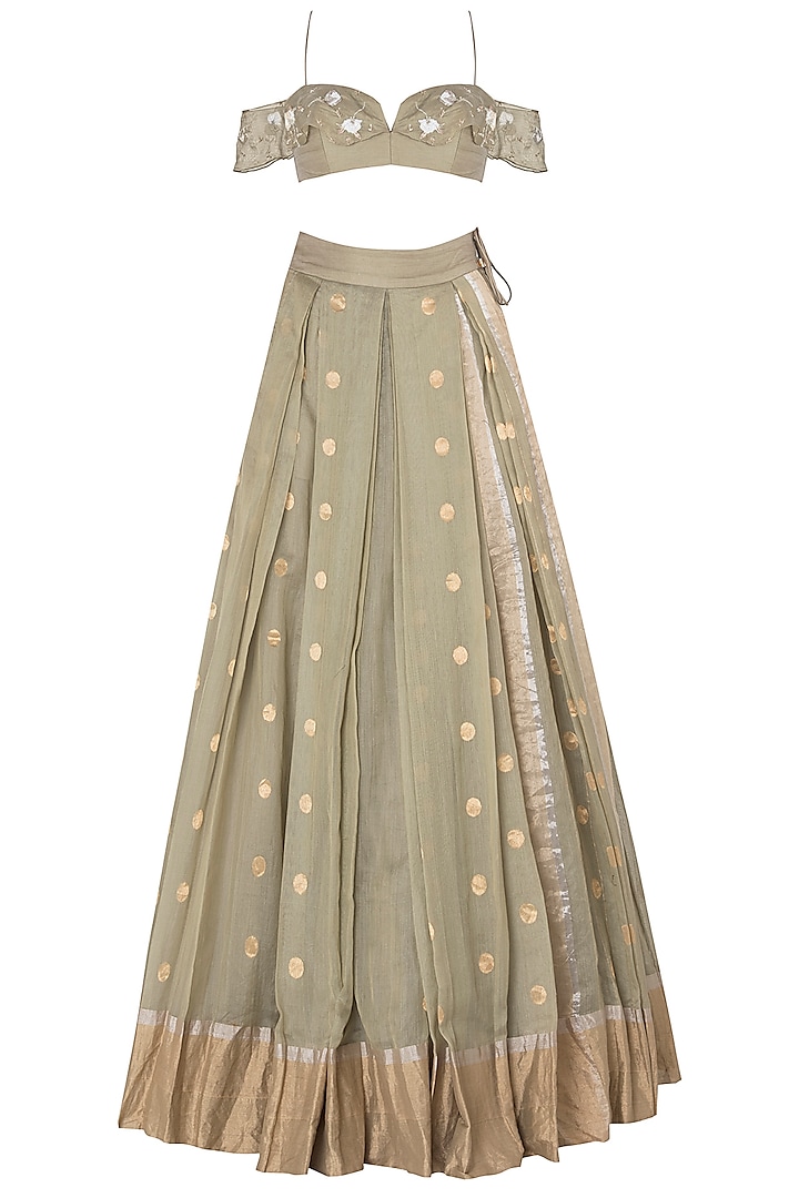 Olive green floral embroidered lehenga set available only at Pernia's Pop Up Shop.