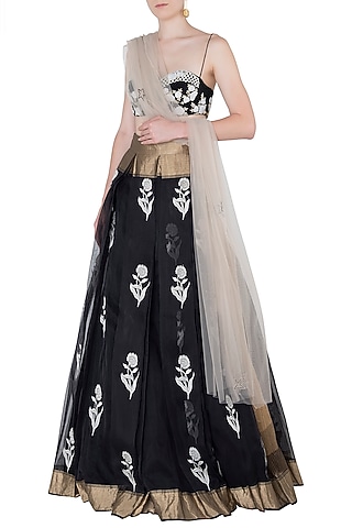 Black and Ivory Roses Embroidered Lehenga Set by The little black bow