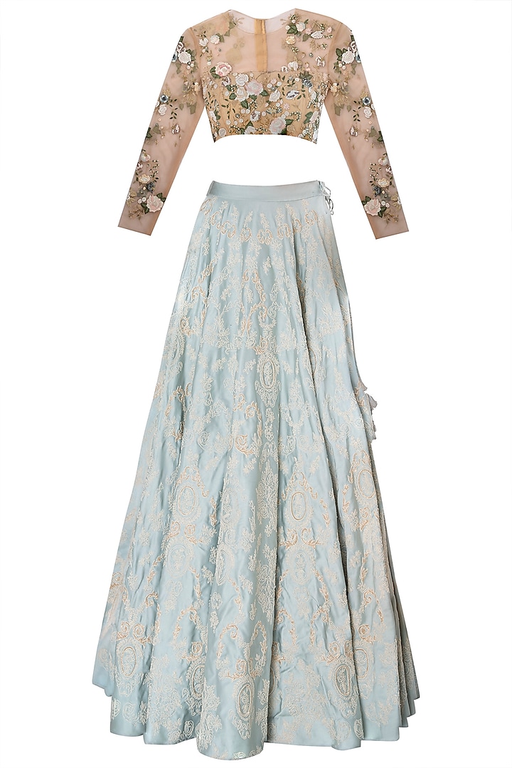 Beige and Mint Blue Floral Embroidered Lehenga Set by The little black bow