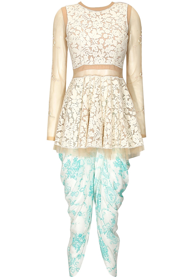 Ivory Thread Embroidered Short Peplum Kurta with Teal Printed Dhoti Pants by The Little Black Bow