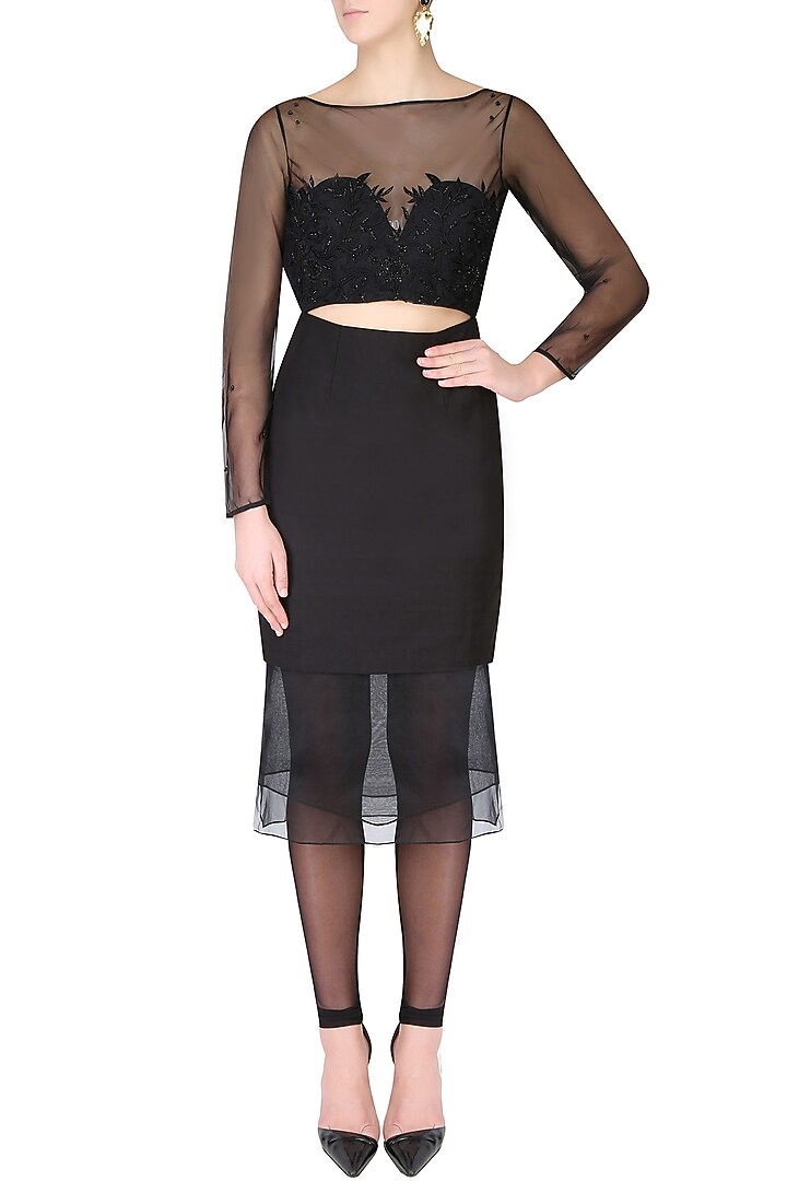 Black floral embroidered layered cutout shirt and tights set available only at Pernia's Pop Up Shop.