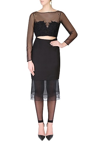 Black Floral Embroidered Layered Cutout Shirt And Tights Set by The little black bow