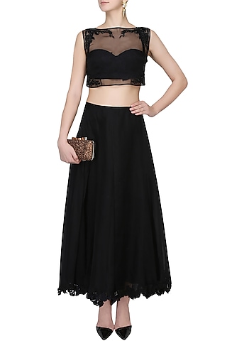 Black Floral Work Sheer Crop Top And Skirt Set by The little black bow