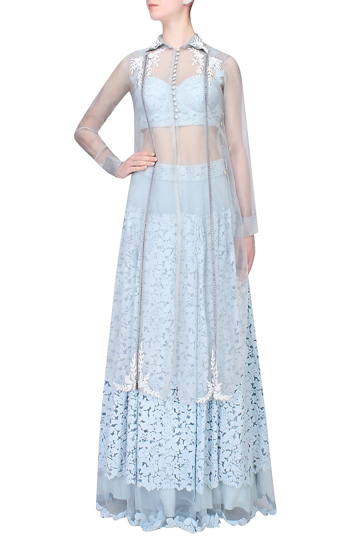 Powder blue floral embroidered crop top, skirt and shee shirt set available only at Pernia's Pop Up Shop.