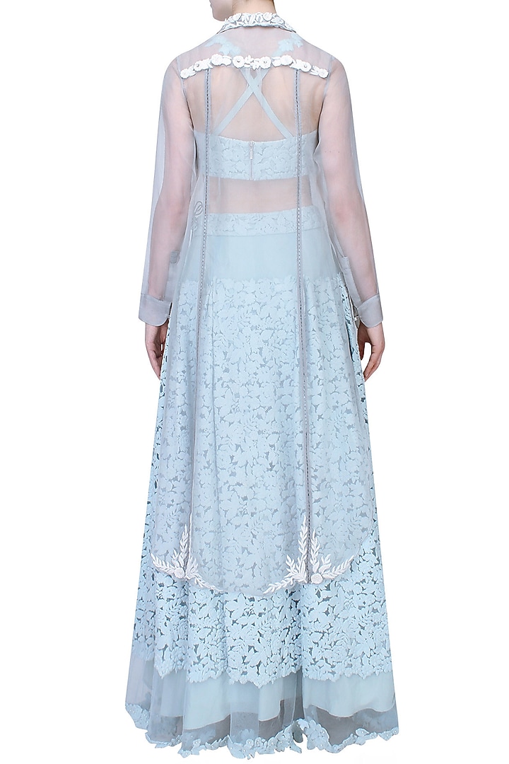 Powder blue floral embroidered crop top, skirt and shee shirt set available only at Pernia's Pop Up Shop.