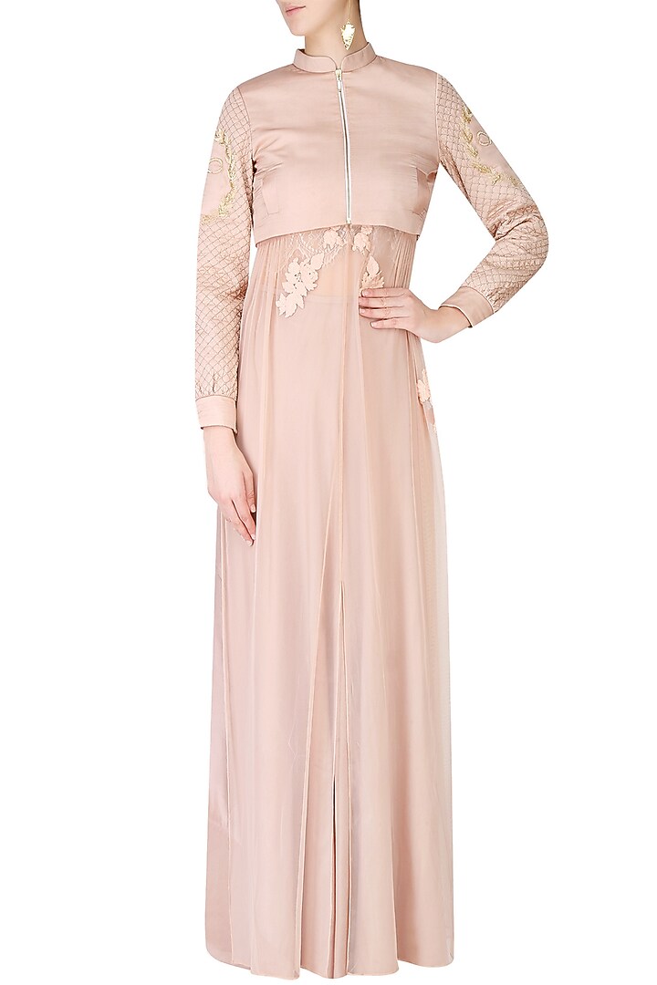 Rose pink floral embroidered bomber jacket and skirt set available only at Pernia's Pop Up Shop.
