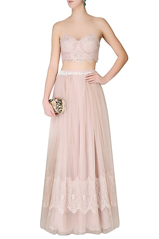 Lilac Floral Lace Work Crop Top And Skirt Set by The little black bow