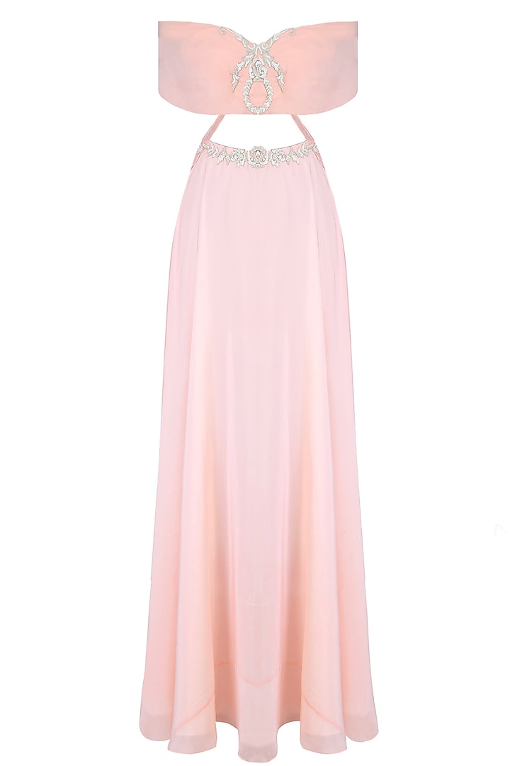 Pink Rose Motifs Off Shoulder Maxi With Tights And Dupatta by The little black bow